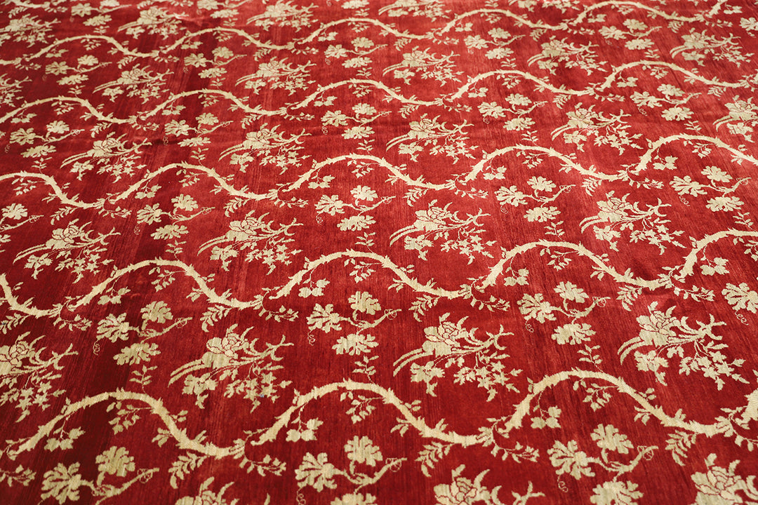 8'2" x 10'3" Deep Red and Gold Chinoiserie hand-knotted luxury Afghan rug in organic wool with vibrant colorful motifs, ethically woven by Hazara women artisans.