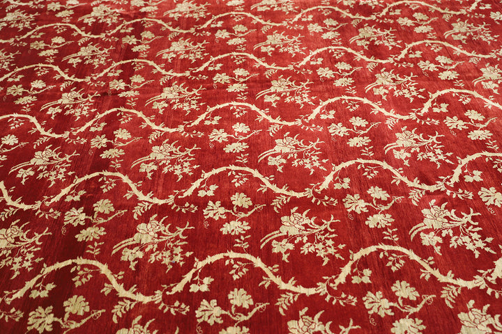 8'2" x 10'3" Deep Red and Gold Chinoiserie hand-knotted luxury Afghan rug in organic wool with vibrant colorful motifs, ethically woven by Hazara women artisans.