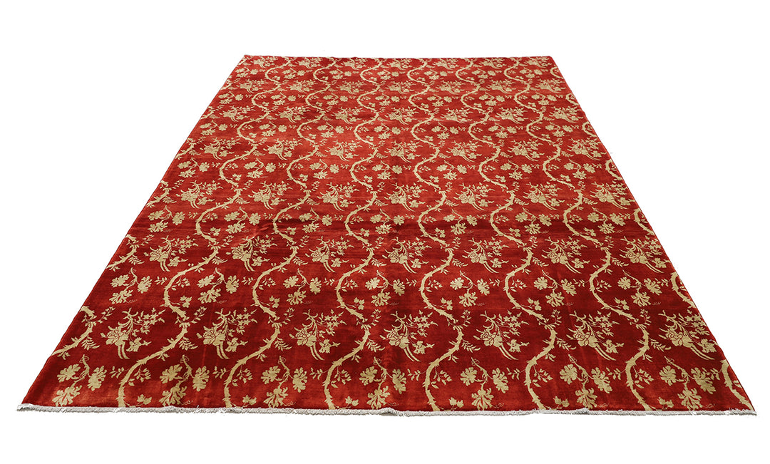 8'2" x 10'3" Deep Red and Gold Chinoiserie hand-knotted luxury Afghan rug in organic wool with vibrant colorful motifs, ethically woven by Hazara women artisans.