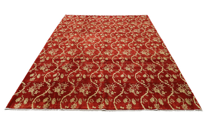 8'2" x 10'3" Deep Red and Gold Chinoiserie hand-knotted luxury Afghan rug in organic wool with vibrant colorful motifs, ethically woven by Hazara women artisans.