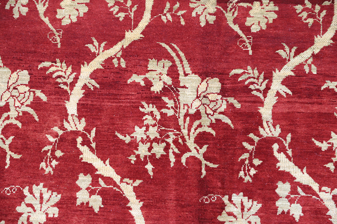 8'2" x 10'3" Deep Red and Gold Chinoiserie hand-knotted luxury Afghan rug in organic wool with vibrant colorful motifs, ethically woven by Hazara women artisans.