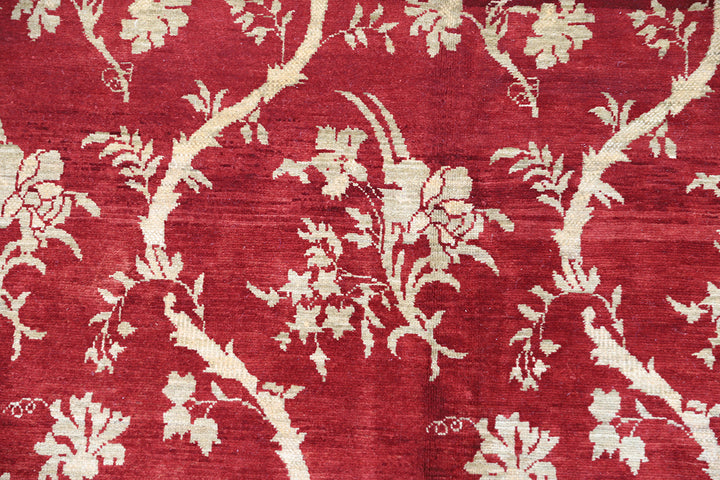 8'2" x 10'3" Deep Red and Gold Chinoiserie hand-knotted luxury Afghan rug in organic wool with vibrant colorful motifs, ethically woven by Hazara women artisans.