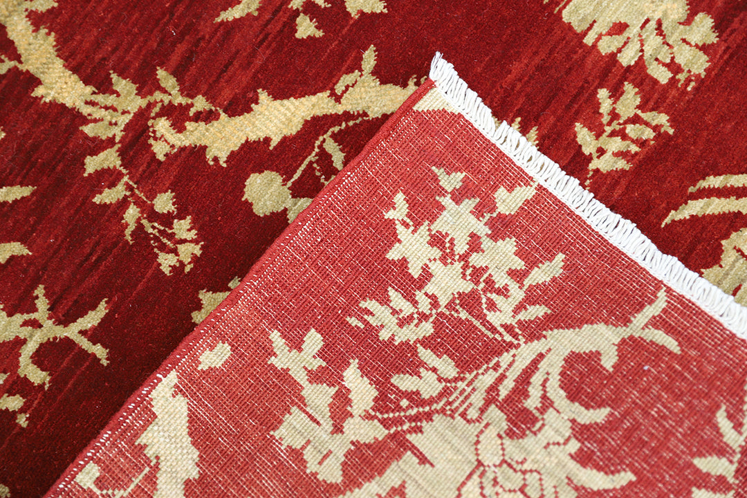 8'2" x 10'3" Deep Red and Gold Chinoiserie hand-knotted luxury Afghan rug in organic wool with vibrant colorful motifs, ethically woven by Hazara women artisans.