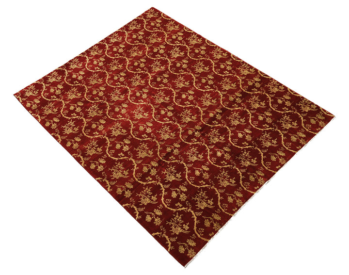 8'2" x 10'3" Deep Red and Gold Chinoiserie hand-knotted luxury Afghan rug in organic wool with vibrant colorful motifs, ethically woven by Hazara women artisans.