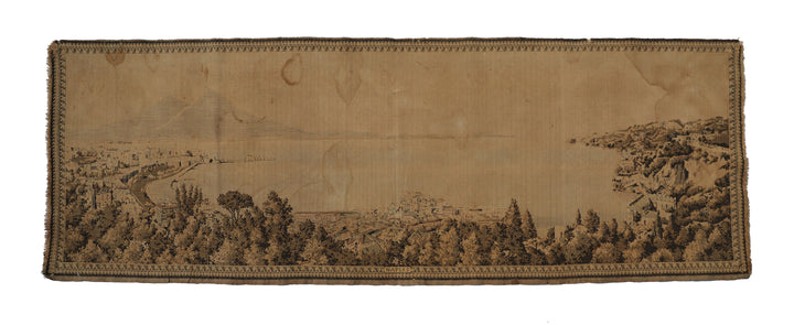 Early 20th-century power-loomed French tapestry featuring a scenic coastal city landscape, measuring 2 feet by 5 feet