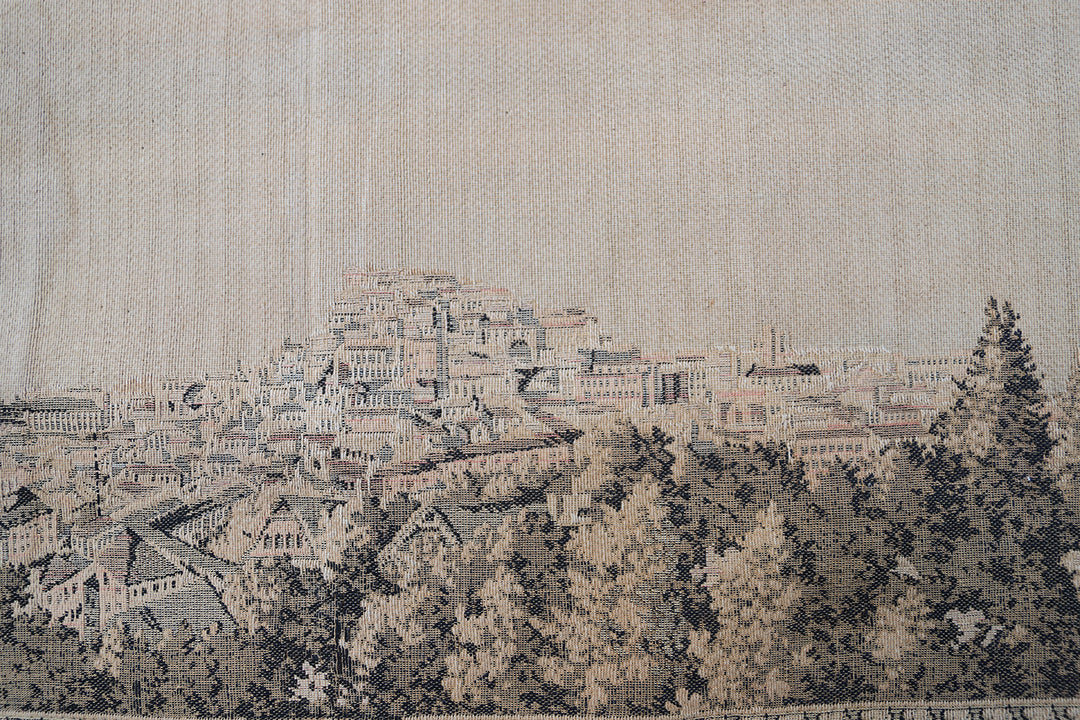 Early 20th-century power-loomed French tapestry featuring a scenic coastal city landscape, measuring 2 feet by 5 feet