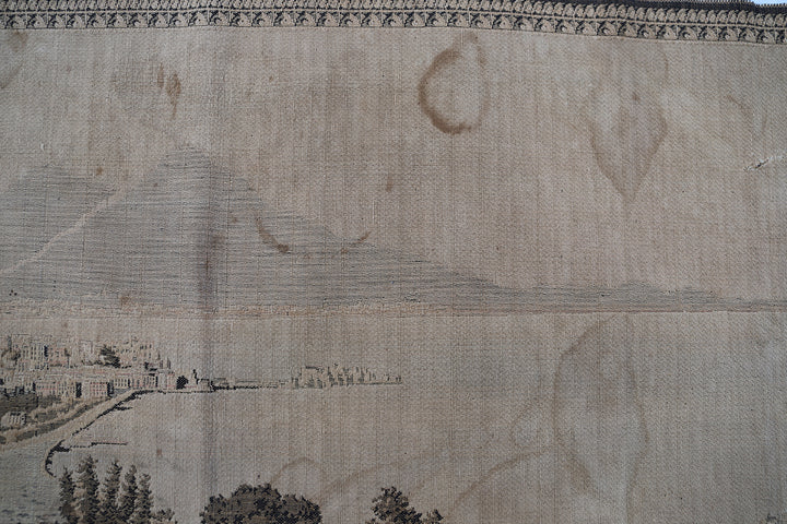 Early 20th-century power-loomed French tapestry featuring a scenic coastal city landscape, measuring 2 feet by 5 feet