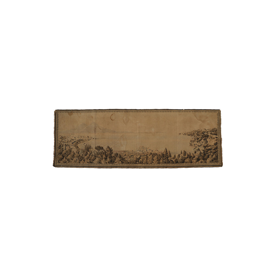 Early 20th-century power-loomed French tapestry featuring a scenic coastal city landscape, measuring 2 feet by 5 feet