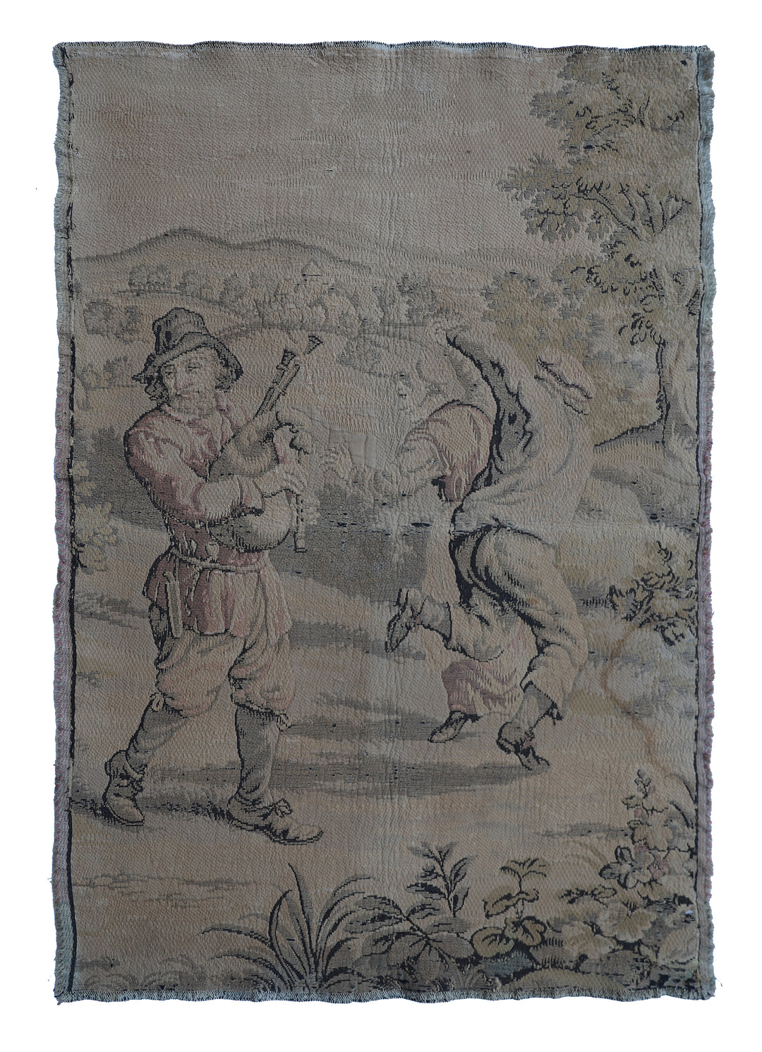 Early 20th-century French power-loomed tapestry depicting a man playing a pipe instrument and a man dancing in a pastoral setting, measuring 3 feet by 4 feet