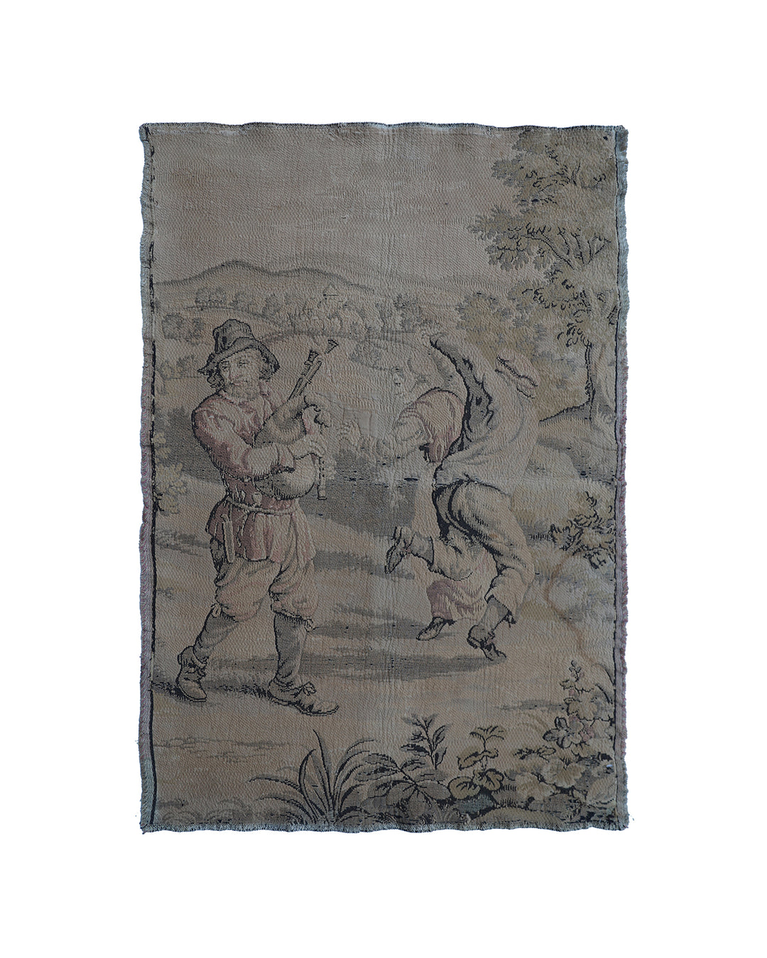 Early 20th-century French power-loomed tapestry depicting a man playing a pipe instrument and a man dancing in a pastoral setting, measuring 3 feet by 4 feet