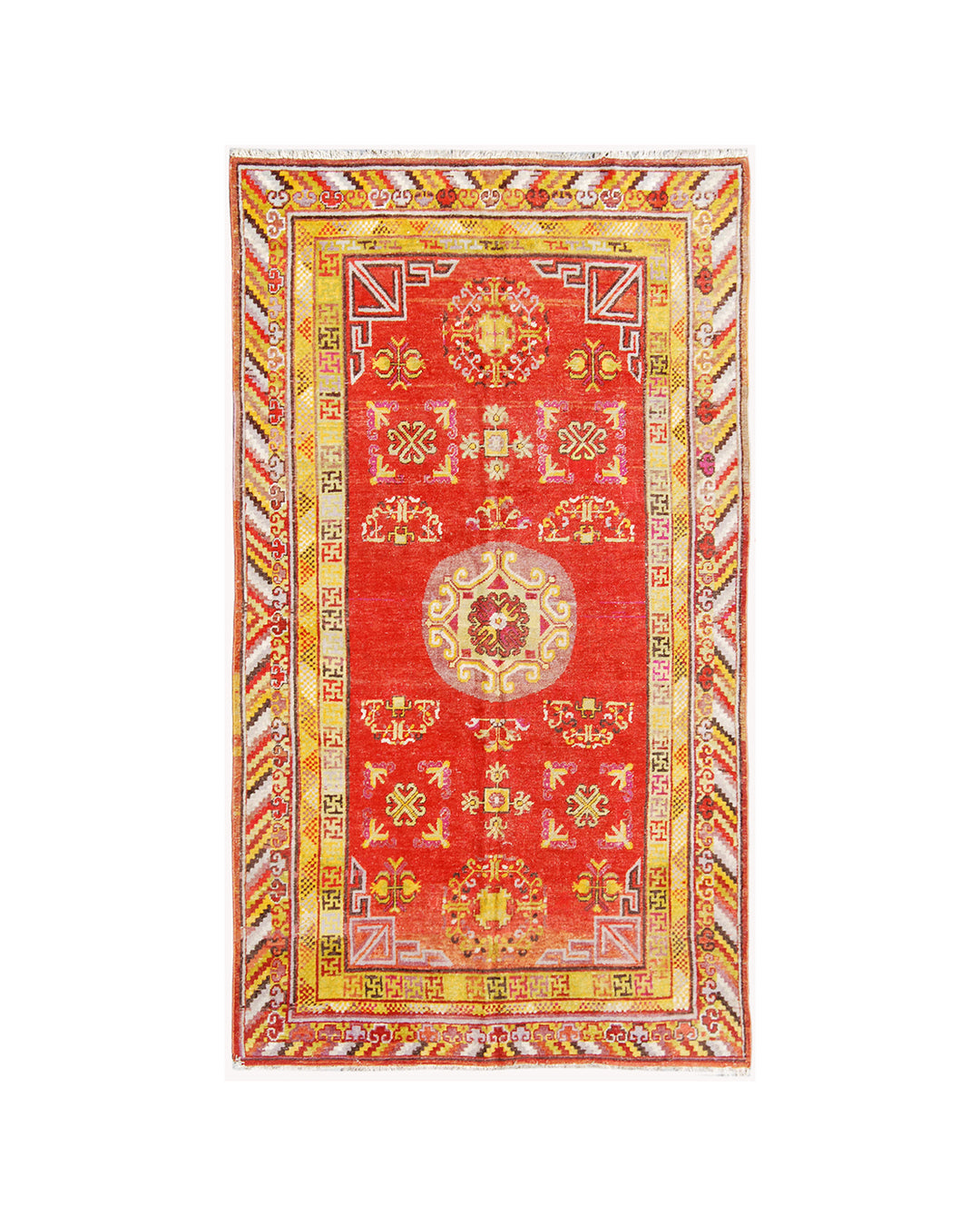 5x10 Fine Handmade Antique Samarkand East Turkestan Wool Area Rug in Bright Red with Multiple Geometric Medallions and Yellow Borders Curated by Ariana Rugs