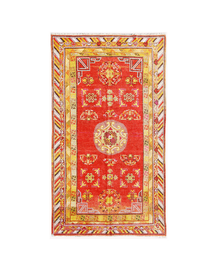 5x10 Fine Handmade Antique Samarkand East Turkestan Wool Area Rug in Bright Red with Multiple Geometric Medallions and Yellow Borders Curated by Ariana Rugs
