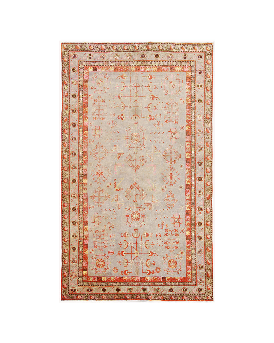 6x11 Fine Handmade Antique Samarkand East Turkestan Wool Area Rug in Soft Grey with Poppy Motifs and Soft Orange Borders Curated by Ariana Rugs