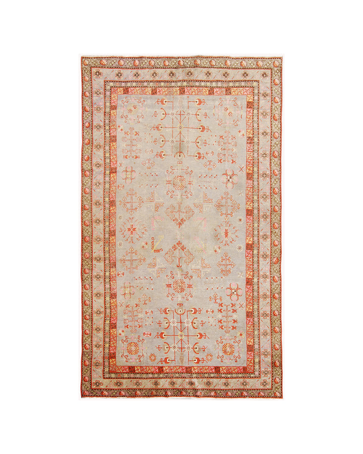 6x11 Fine Handmade Antique Samarkand East Turkestan Wool Area Rug in Soft Grey with Poppy Motifs and Soft Orange Borders Curated by Ariana Rugs