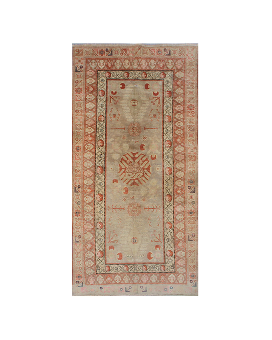 4x10 Fine Handmade Antique Samarkand Khotan East Turkestan Wool Runner Rug in Soft Grey and Orange Botanical Design Curated by Ariana Rugs