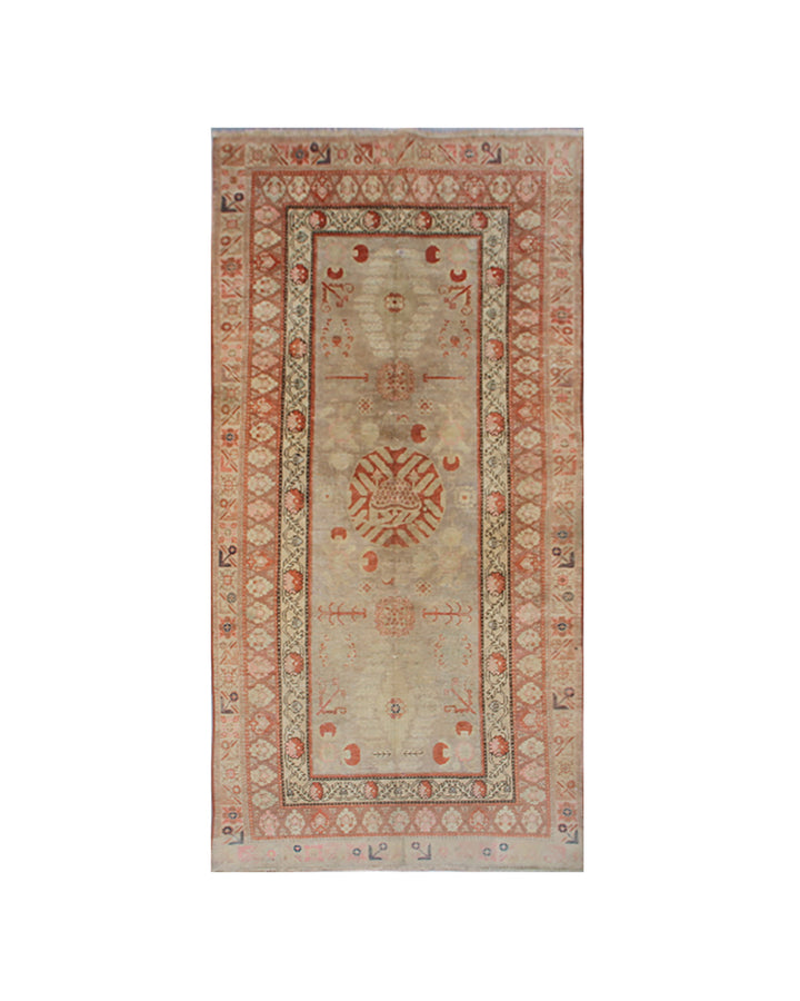 4x10 Fine Handmade Antique Samarkand Khotan East Turkestan Wool Runner Rug in Soft Grey and Orange Botanical Design Curated by Ariana Rugs