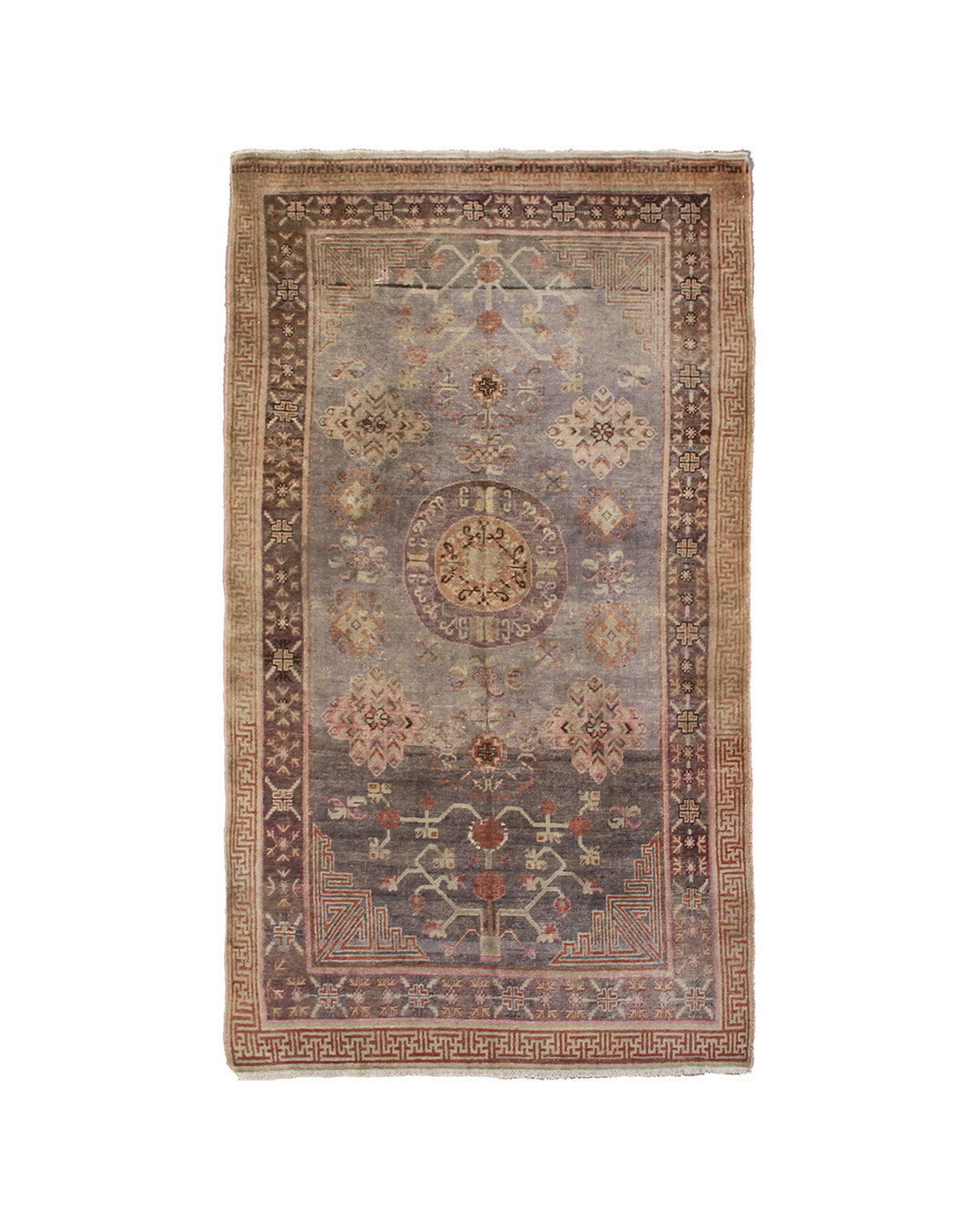 4x8 Fine Handmade Antique Samarkand Khotan East Turkestan Wool Area Rug in Soft Purplish Grey with Center Medallion Curated by Ariana Rugs