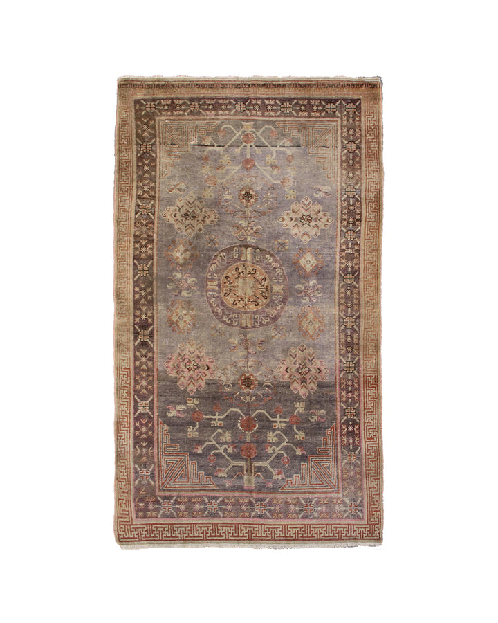 4x8 Fine Handmade Antique Samarkand Khotan East Turkestan Wool Area Rug in Soft Purplish Grey with Center Medallion Curated by Ariana Rugs