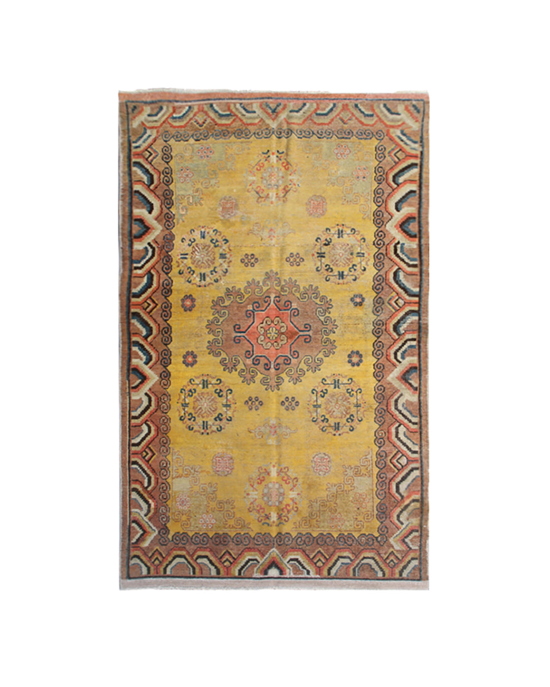 5x8 Fine Handmade Antique Samarkand Khotan East Turkestan Wool Area Rug in Yellow Medallion with Cloud Band Border Curated by Ariana Rugs