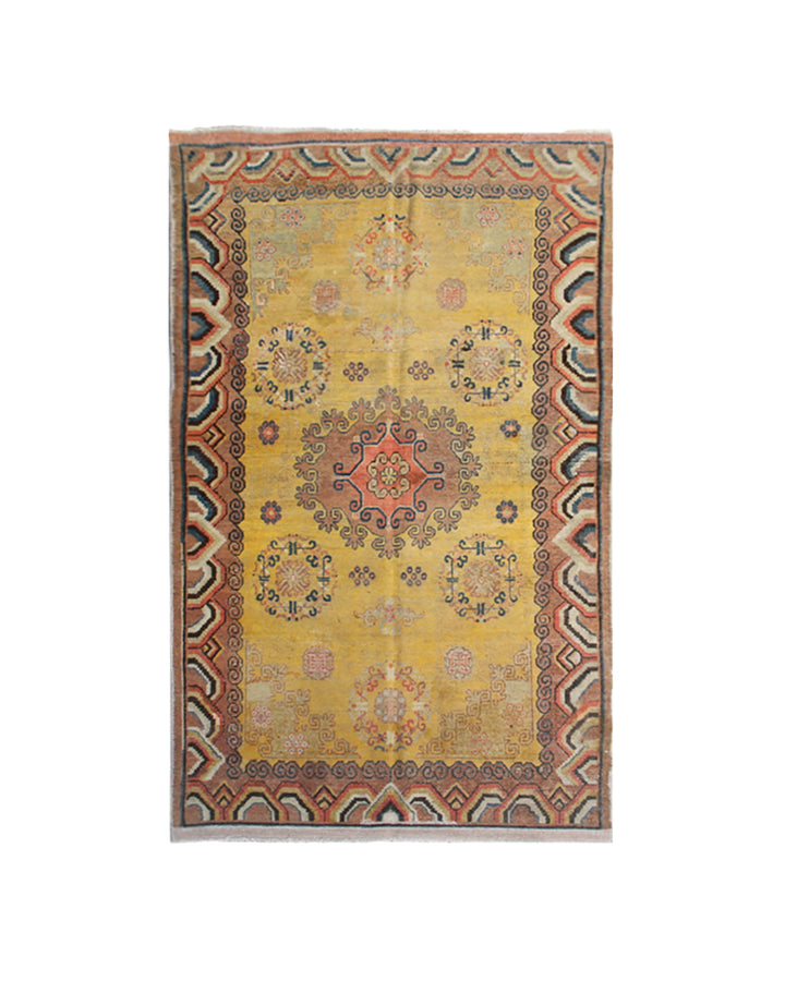 5x8 Fine Handmade Antique Samarkand Khotan East Turkestan Wool Area Rug in Yellow Medallion with Cloud Band Border Curated by Ariana Rugs