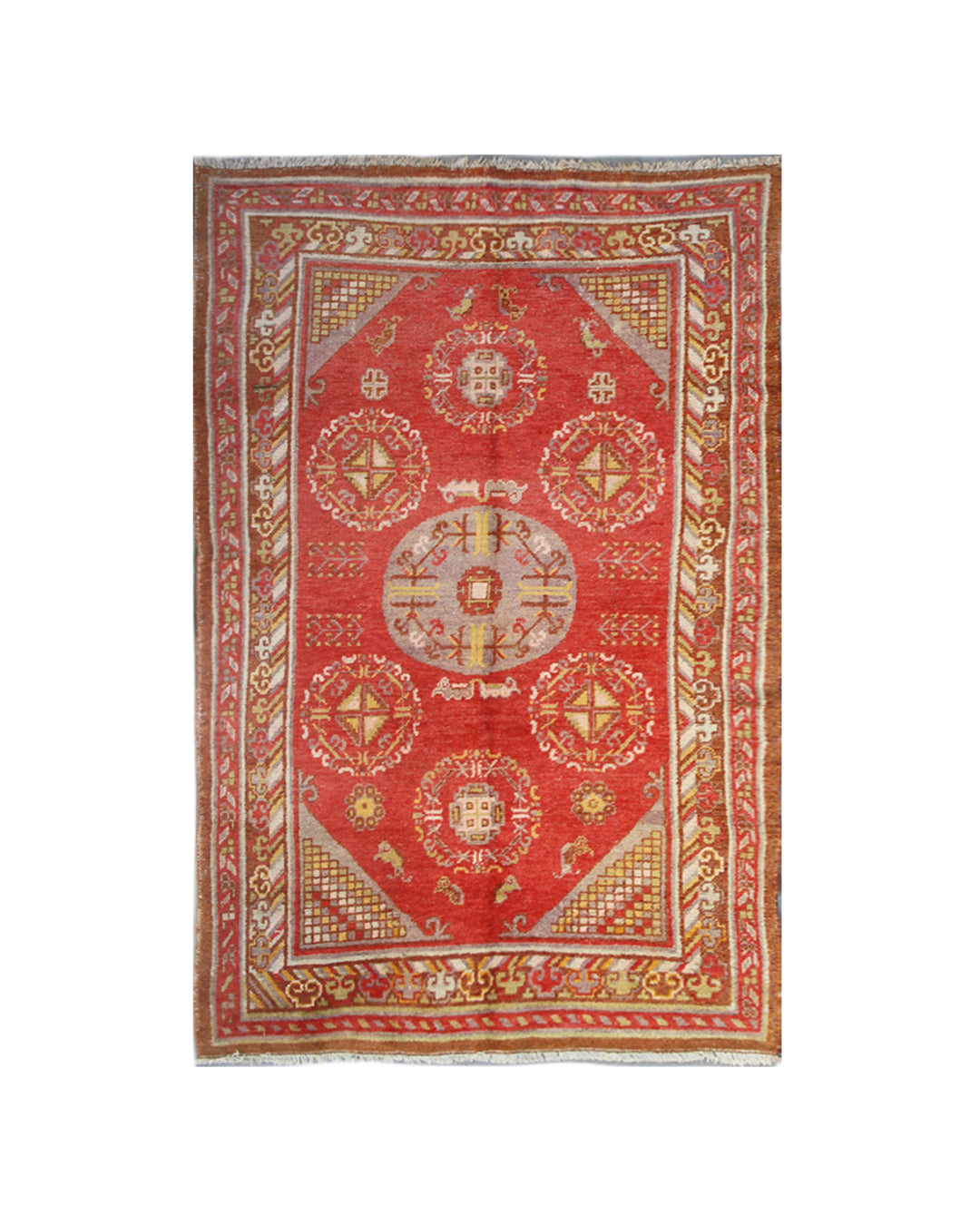 4x8 Fine Handmade Antique Samarkand East Turkestan Wool Area Rug in Orangish Red with Central Medallion and Soft Border Accents Curated by Ariana Rugs