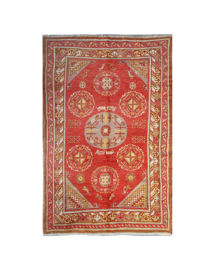 4x8 Fine Handmade Antique Samarkand East Turkestan Wool Area Rug in Orangish Red with Central Medallion and Soft Border Accents Curated by Ariana Rugs
