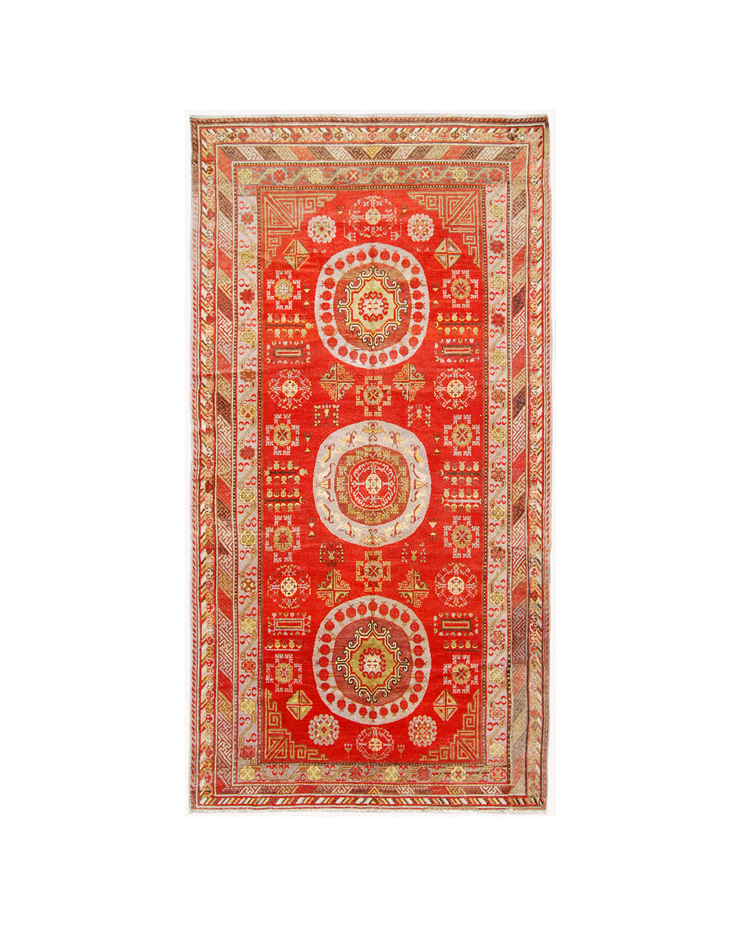 7x13 Fine Handmade Antique Samarkand East Turkestan Wool Area Rug in Rich Red with Three Large Poppy Medallions Curated by Ariana Rugs