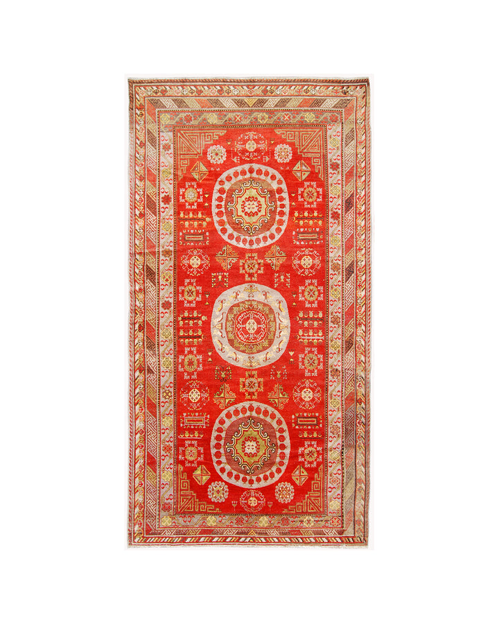 7x13 Fine Handmade Antique Samarkand East Turkestan Wool Area Rug in Rich Red with Three Large Poppy Medallions Curated by Ariana Rugs