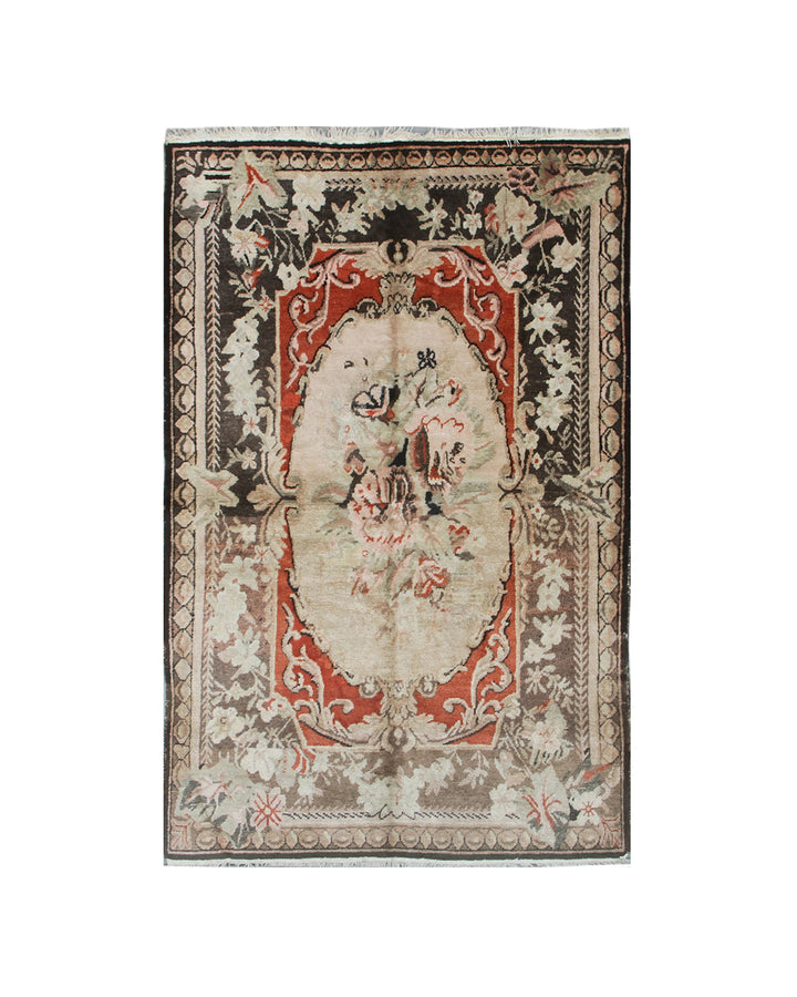 4x7 Fine Handmade Antique Samarkand Savonnerie Floral Wool Area Rug in Red and Ivory with Abrashed Charcoal Border Curated by Ariana Rugs