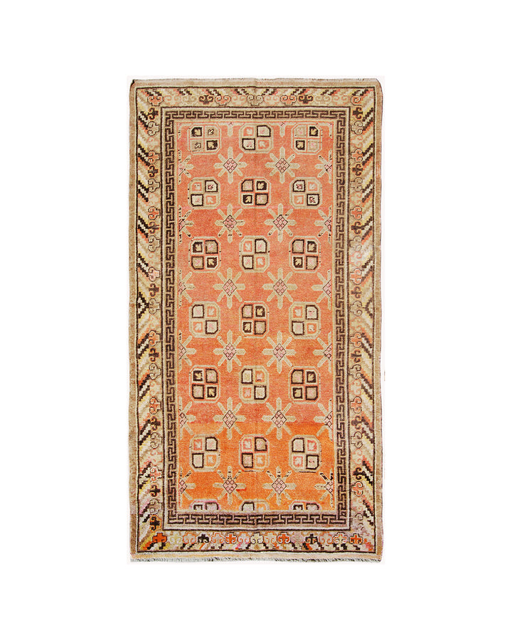 4x8 Fine Handmade Antique Samarkand East Turkestan Wool Area Rug in Orangish Terracotta with Geometric Floral Design and Cloud band Border Curated by Ariana Rugs