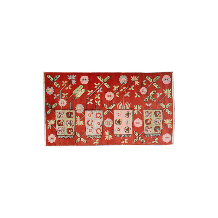 5x8 Fine Handmade Antique Samarkand East Turkestan Wool Area Rug in Orangish Red with Decorative Vase and Wildflower Design Curated by Ariana Rugs