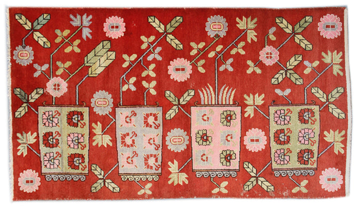 5x8 Fine Handmade Antique Samarkand East Turkestan Wool Area Rug in Orangish Red with Decorative Vase and Wildflower Design Curated by Ariana Rugs