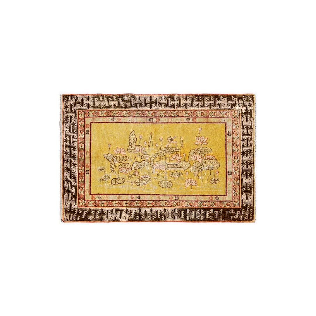 5x7 Fine Handmade Antique Samarkand East Turkestan Wool Area Rug in Rich Yellow Floral Design with Greek Key Border Curated by Ariana Rugs