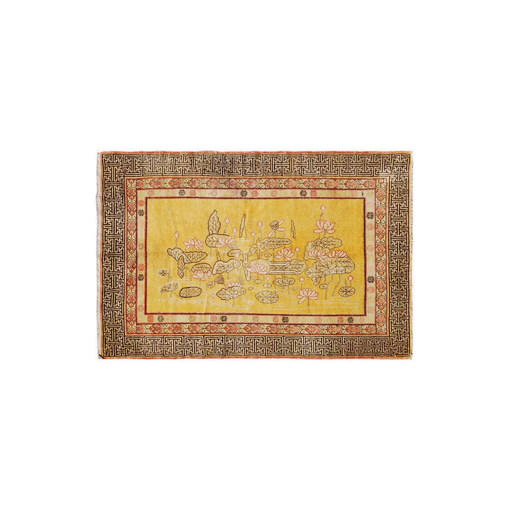 5x7 Fine Handmade Antique Samarkand East Turkestan Wool Area Rug in Rich Yellow Floral Design with Greek Key Border Curated by Ariana Rugs