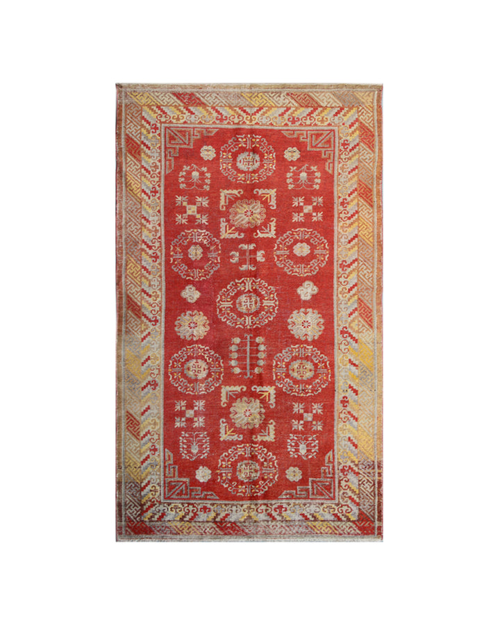 5x9 Fine Handmade Antique Samarkand Khotan Wool Area Rug in Red and Gold Geometric Medallion Design by Ariana Rugs
