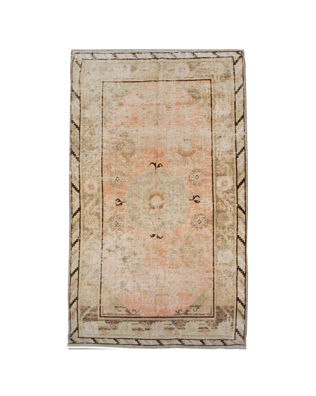 4x8 Fine Handmade Antique Samarkand Khotan Wool Area Rug in Soft Pink, Orange, and Black with Center Medallion by Ariana Rugs4x8 Fine Handmade Antique Samarkand Khotan Wool Area Rug in Soft Pink, Orange, and Black with Center Medallion by Ariana Rugs