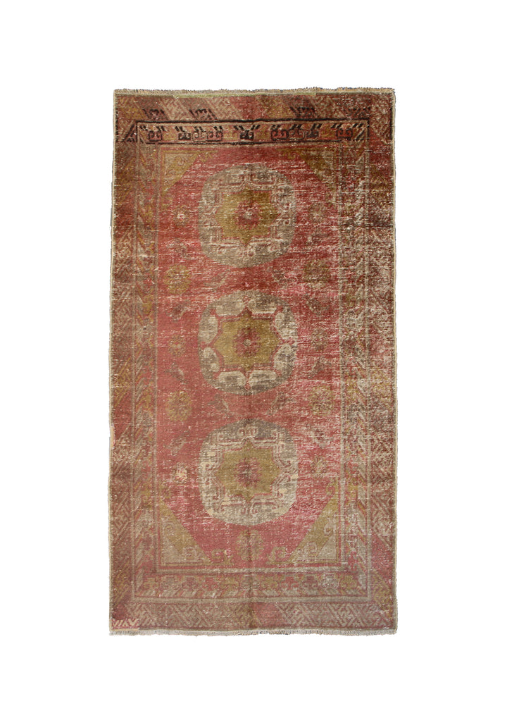 8x4 Fine Handmade Antique Samarkand Medallion Wool Rug in Orange Rust with Three Medallions and Multiple Borders by Ariana Rugs