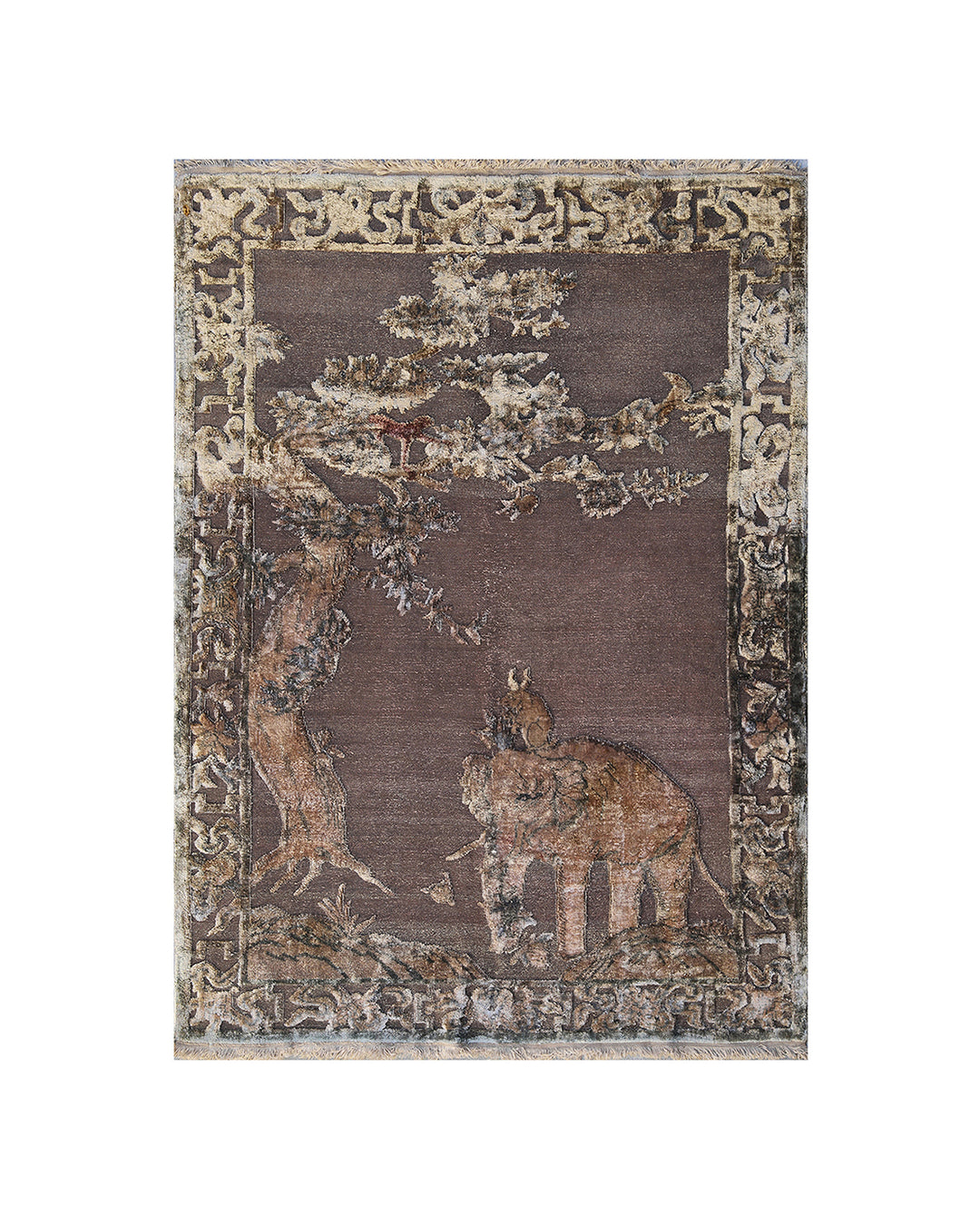 4x8 Fine Handmade Antique Pictorial Samarkand Silk and Metallic Thread Wool Rug featuring Elephant, Rabbit, and Owl by Ariana Rugs