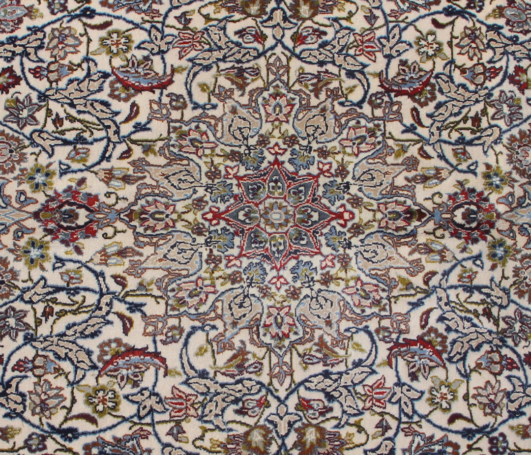 Authentic fine Persian Isfahan rug 4x6 with ivory medallion, red border, floral pattern, and silk foundation