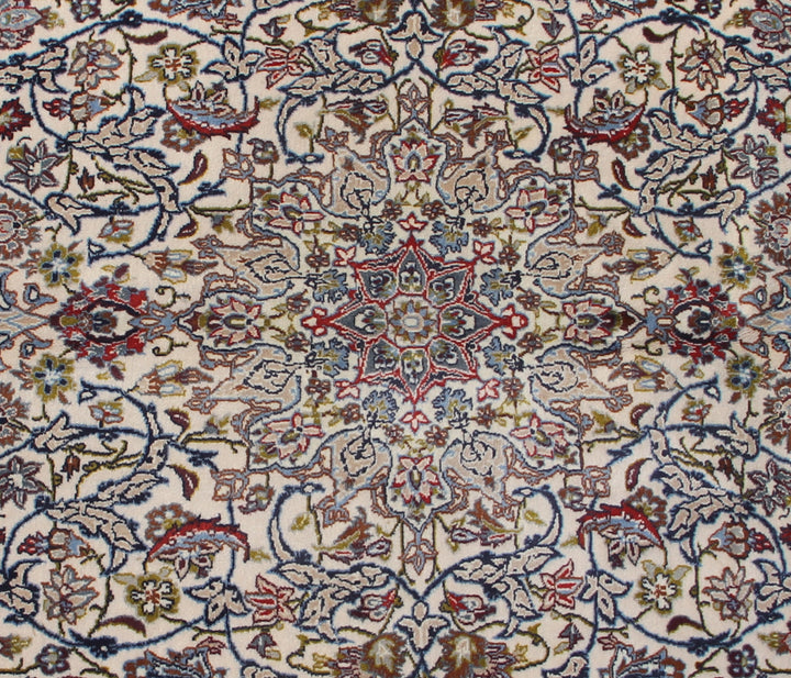 Authentic fine Persian Isfahan rug 4x6 with ivory medallion, red border, floral pattern, and silk foundation