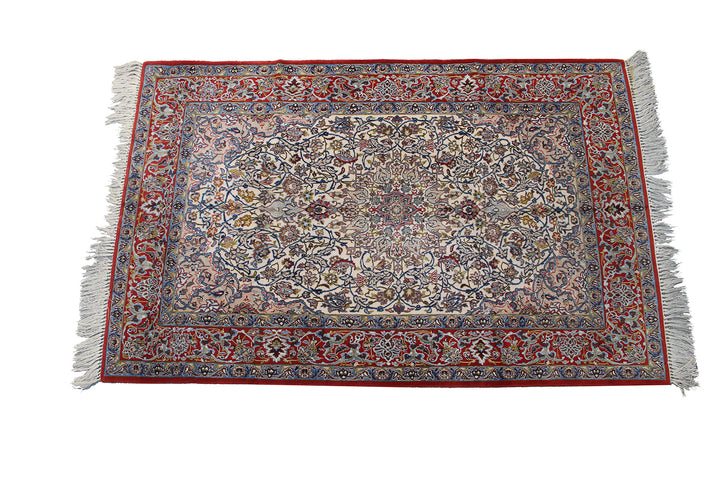 Authentic fine Persian Isfahan rug 4x6 with ivory medallion, red border, floral pattern, and silk foundation