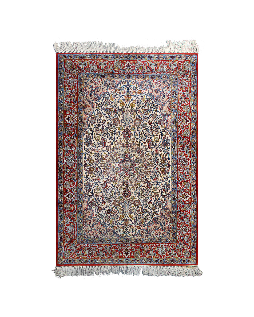 Authentic fine Persian Isfahan rug 4x6 with ivory medallion, red border, floral pattern, and silk foundation