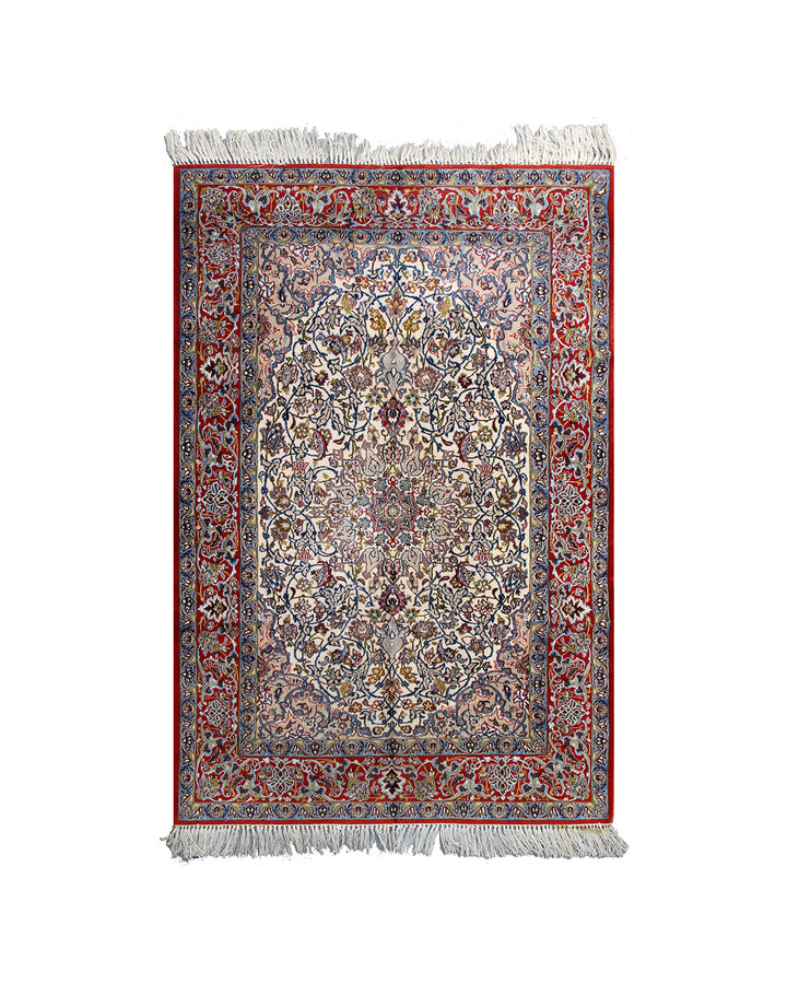 Authentic fine Persian Isfahan rug 4x6 with ivory medallion, red border, floral pattern, and silk foundation