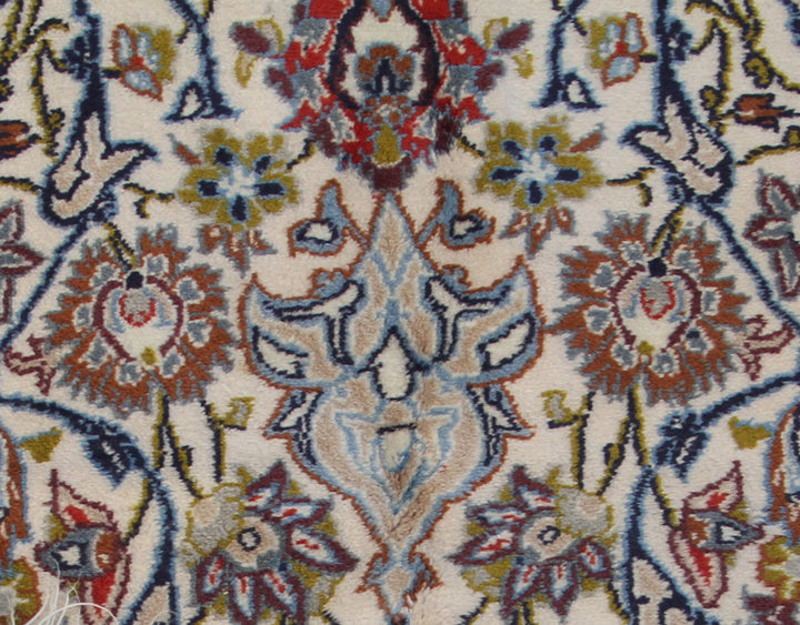 Authentic fine Persian Isfahan rug 4x6 with ivory medallion, red border, floral pattern, and silk foundation