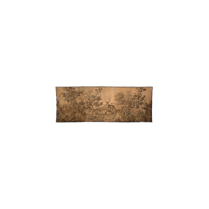 A rectangular vintage tapestry featuring a classic French toile landscape scene with deer, trees, and figures, in muted brown and beige tones, shown against a plain white background.