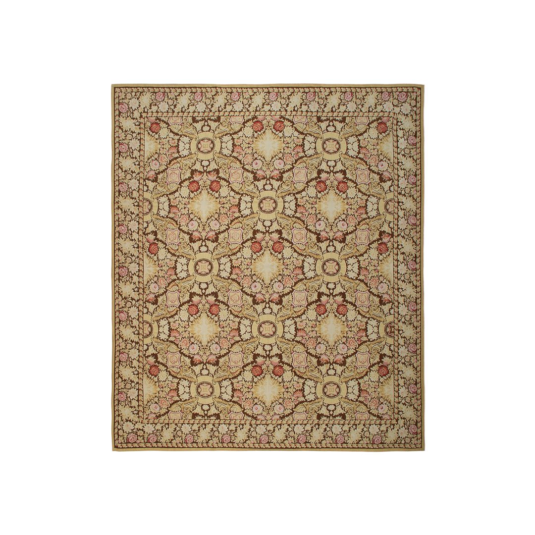 Fine handwoven wool French style Aubusson area rug with intricate floral motifs and cotton backing