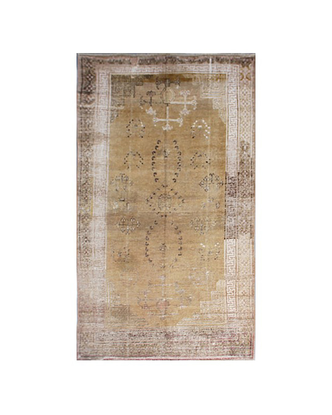 Vintage antique Samarkand Khotan hand-knotted wool runner measuring 8'9" x 4'7" featuring a luminous gold, white, and brown color palette.
