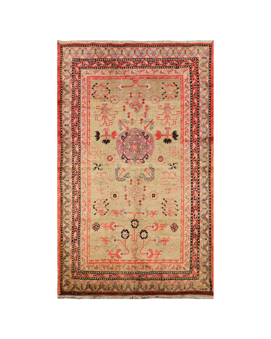 Antique Samarkand Khotan hand-knotted wool rug measuring 9'0" x 5'0" featuring a geometric medallion design in gold, yellow, pink, red, and brown.