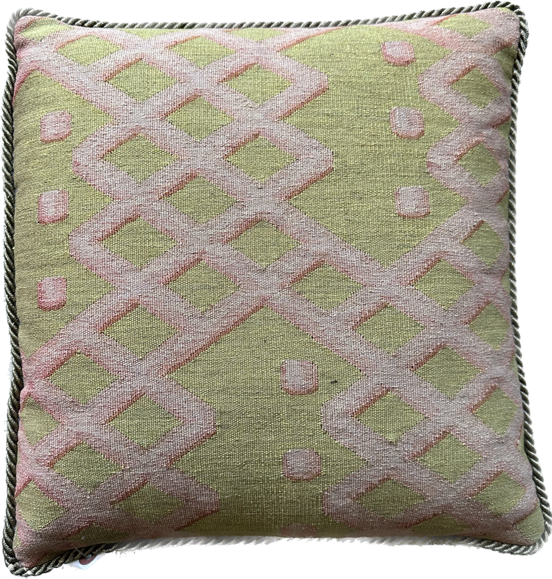 Handcrafted 18x18 green and pink geometric contemporary handwoven Aubusson pillowcase by Ariana Rugs West Hollywood