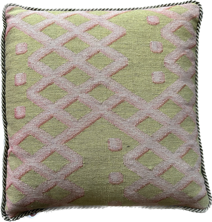Handcrafted 18x18 green and pink geometric contemporary handwoven Aubusson pillowcase by Ariana Rugs West Hollywood